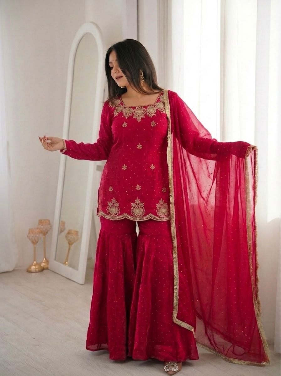 PINK NEW FENDY SILK SHARARA ETHNIC WEAR